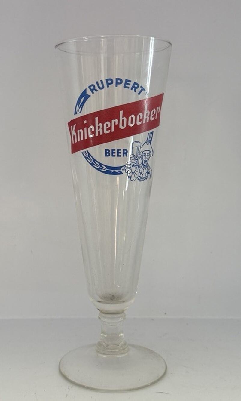 Vintage Ruppert Knickerbocker Beer Glass with Red and Blue Enameled Logo 8.5”
